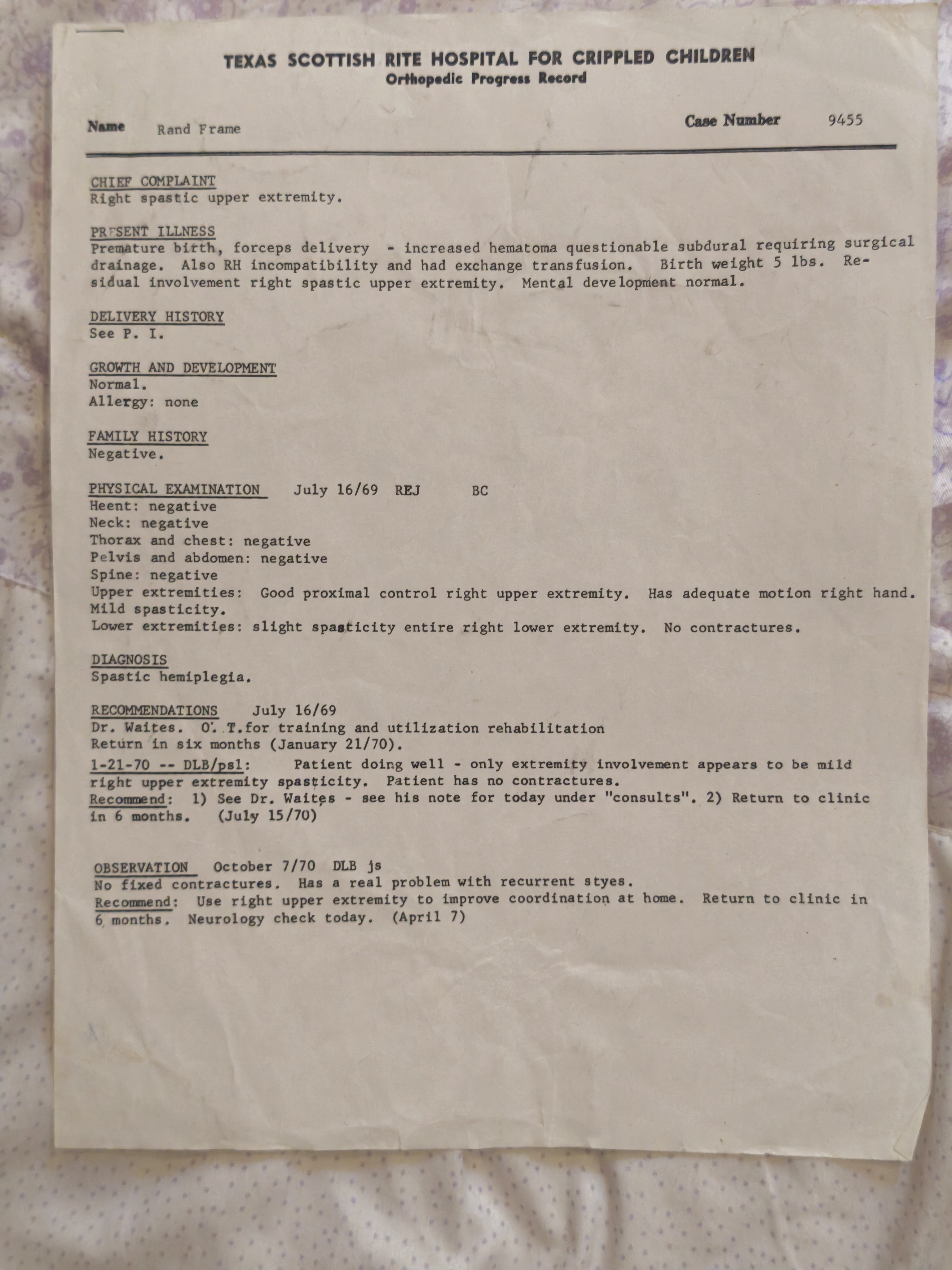 Letter from Scottish Rite Hospital confirming cerebral palsy diagnosis